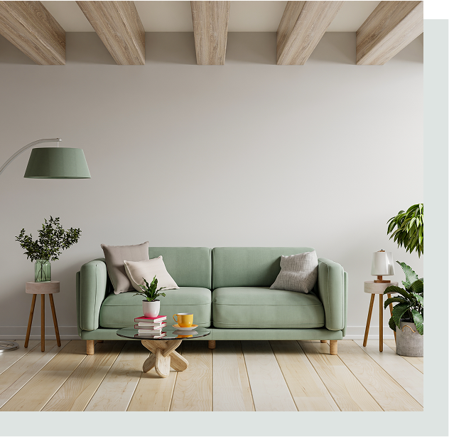 Modern interior with green sofa